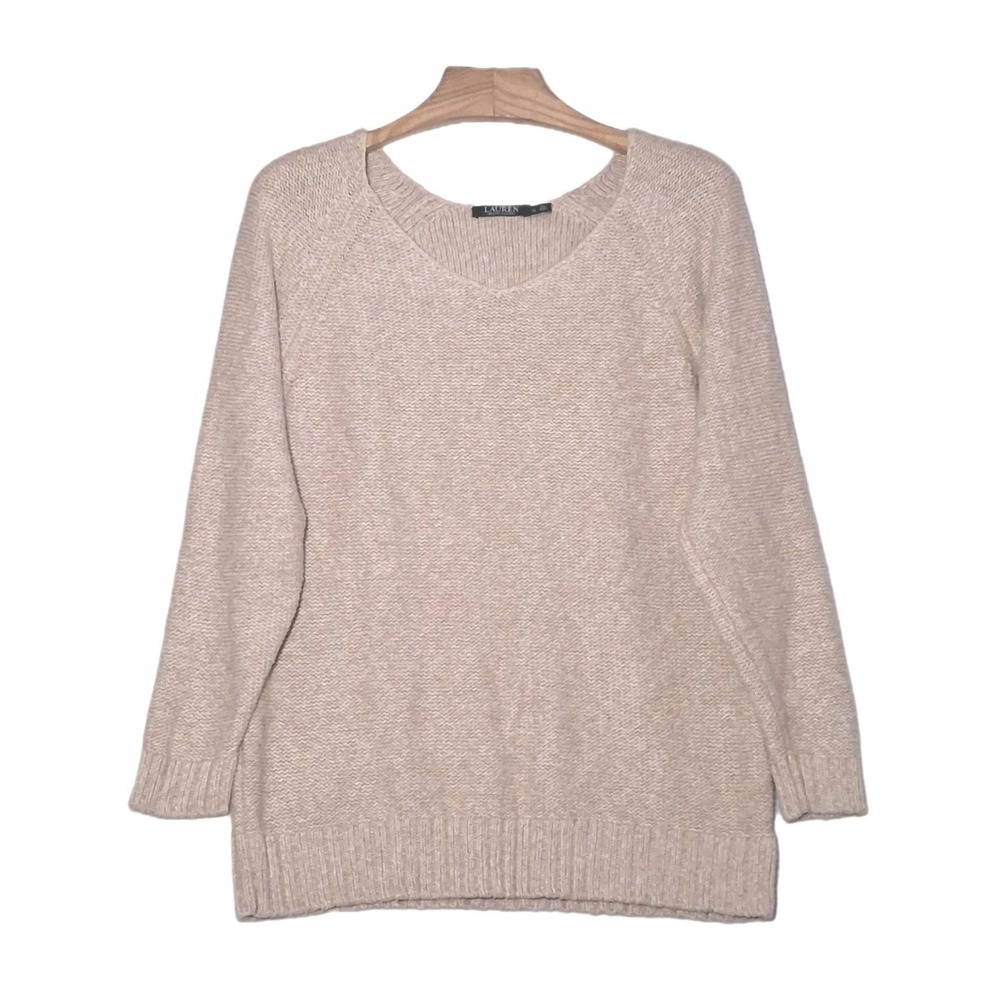 Lauren Ralph Lauren LRL Womens Sweater XL Tan Cable Knit V Neck Pullover Tunic - Picture 2 of 11